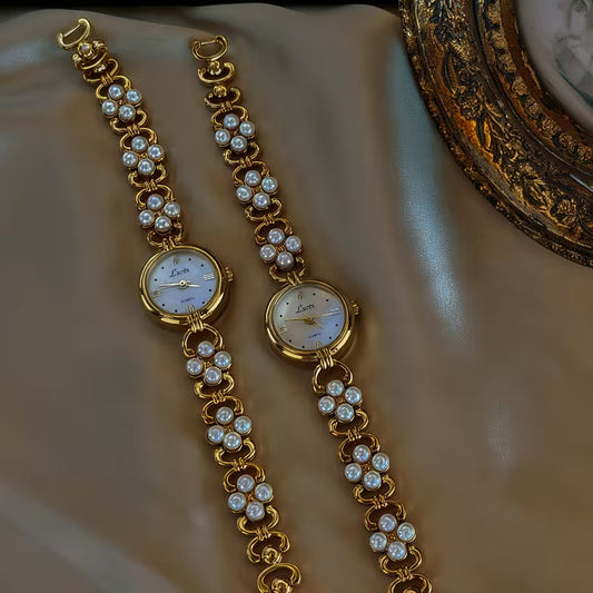 Vintage Gold Pearl Cluster Womens Watch - Round Face