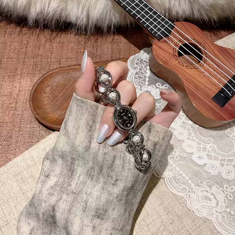 Vintage Silver Caged Pearl Womens Watch - Oval Dial