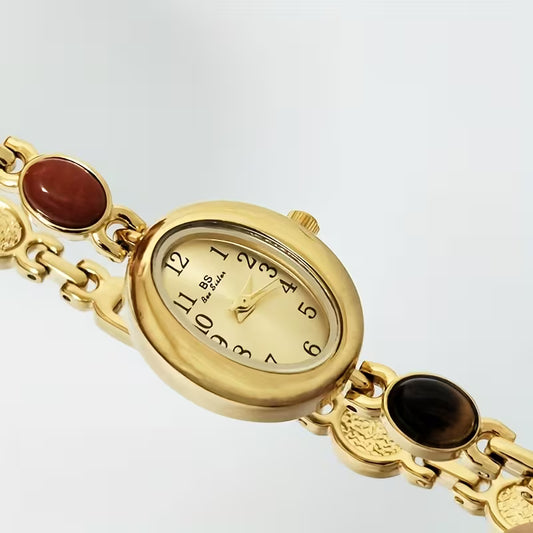 Vintage Gold Gemstone Link Womens Watch - Oval Dial