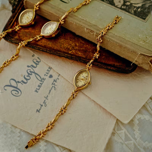 Vintage Gold Floral Link Womens Watch - Small Face