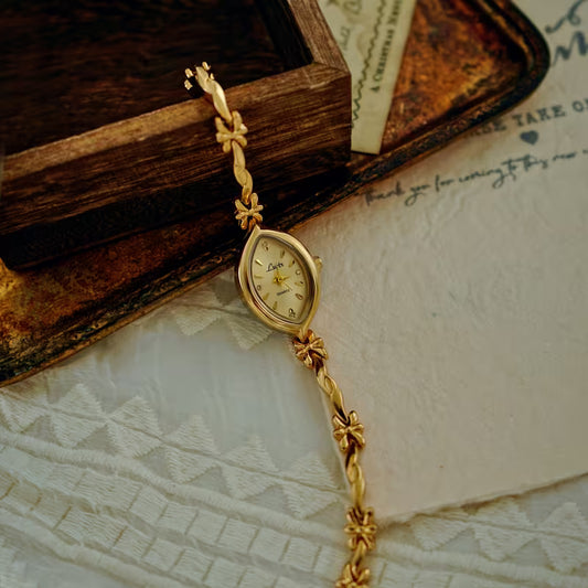 Vintage Gold Floral Link Womens Watch - Small Face