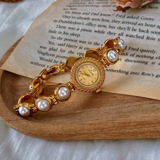 Vintage Gold Pearl Link Womens Watch - Round Face