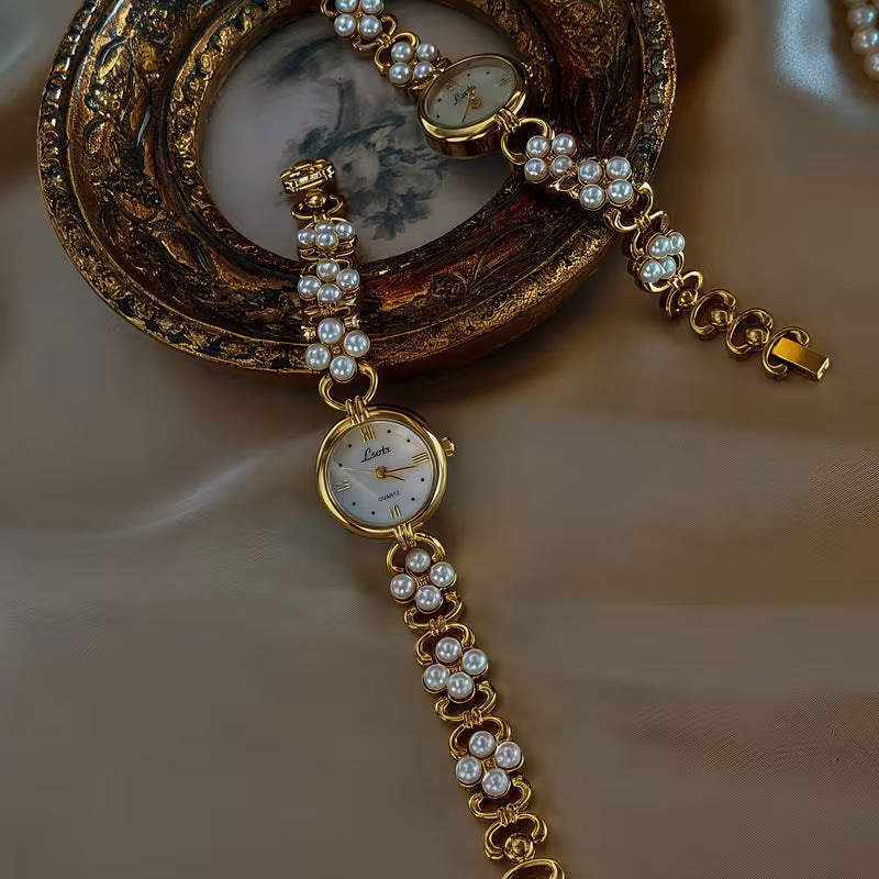 Vintage Gold Pearl Cluster Womens Watch - Round Face