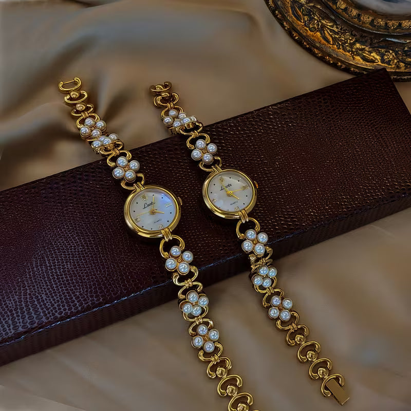 Vintage Gold Pearl Cluster Womens Watch - Round Face