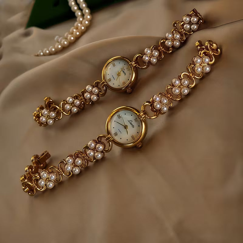 Vintage Gold Pearl Cluster Womens Watch - Round Face