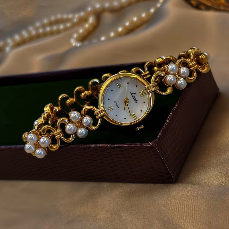 Vintage Gold Pearl Cluster Womens Watch - Round Face