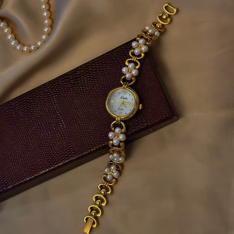 Vintage Gold Pearl Cluster Womens Watch - Round Face