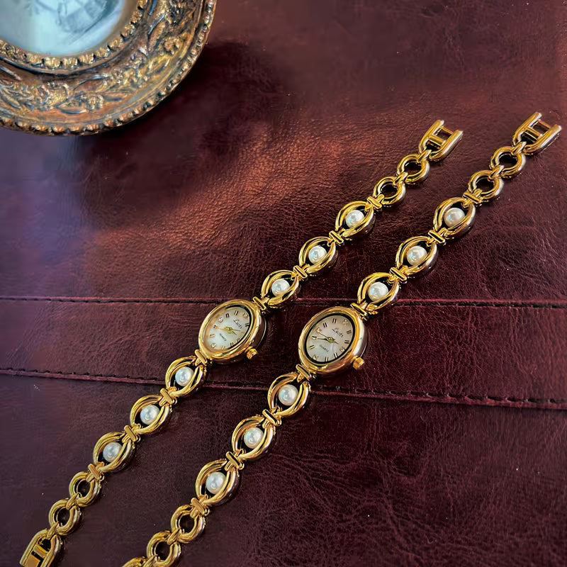 Vintage Pearl Drop Gold Womens Watch - Small Face