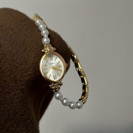 Vintage Gold Oval Watch with Beaded Strap - Small Face