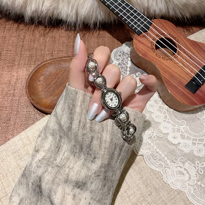 Vintage Silver Caged Pearl Womens Watch - Oval Dial