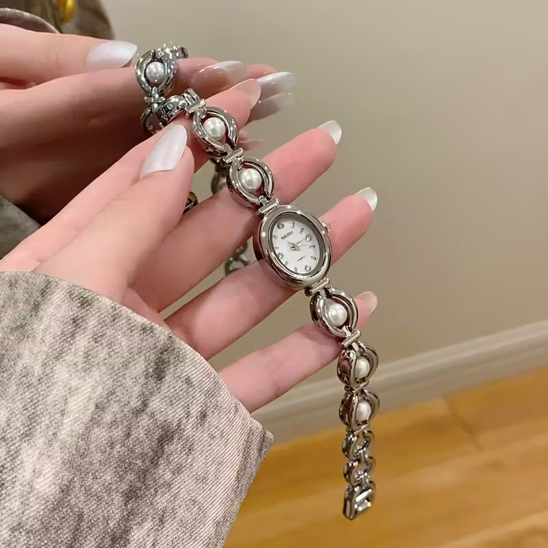 Vintage Silver Caged Pearl Womens Watch - Oval Dial