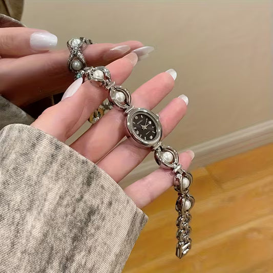 Vintage Silver Caged Pearl Womens Watch - Oval Dial